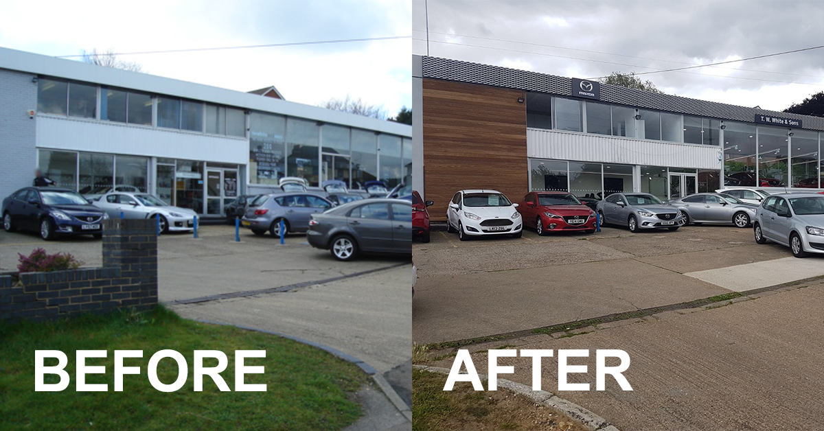 Orpington Mazda refurb - front before and after